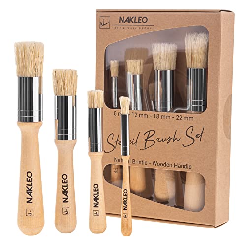 NAKLEO Schablonierpinsel Set, 4 Stück 6, 12, 18, 22 mm Holzschablonen Pinsel, Holzpinsel mit Naturborste zum Schablonieren Malen, Kunst Handwerk DIY, Wachsen Kreide Ölfarbe Acryl Aquarell NAKLEO Schablonierpinsel Set, 4 Stück 6, 12, 18, 22 mm Holzschablonen Pinsel, Holzpinsel mit Naturborste zum Schablonieren Malen, Kunst Handwerk DIY, Wachsen Kreide Ölfarbe Acryl Aquarell von Nakleo