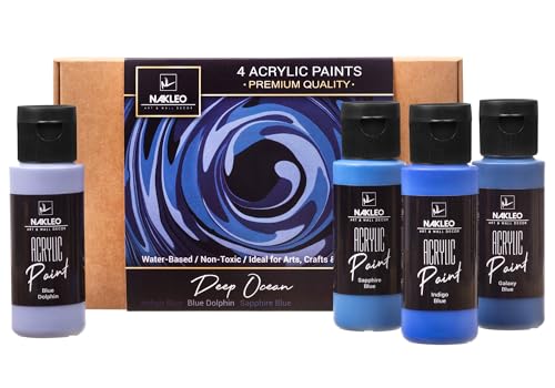 NAKLEO Acrylfarben Set, 4 Farben (60 ml) Deep Ocean Marineblau, Ungiftig Wasserfest Matt, Künstlerbedarf für Kunst Handwerk DIY, Schablonen Wänd Glas Holz Keramik Stoffe Leder Papier von Nakleo
