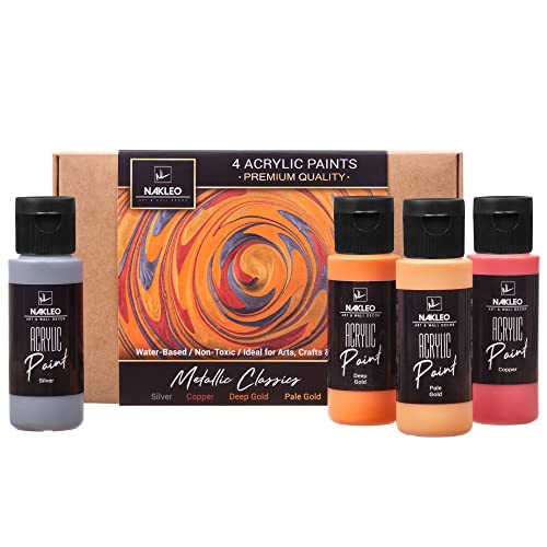 NAKLEO Acrylfarben Set, 4 Farben (60 ml) Metallic Classics Silber Kupfer Gold, Ungiftig Wasserfest Matt, Künstlerbedarf für Kunst Handwerk DIY, Schablonen Wänd Glas Holz Keramik Stoffe Leder Papier von Nakleo