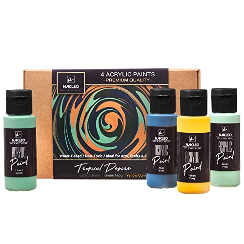 NAKLEO Acrylfarben Set, 4 Farben (60 ml) Tropical Desire Blau Grün Gelb, Ungiftig Wasserfest Matt, Künstlerbedarf für Kunst Handwerk DIY, Schablonen Wänd Glas Holz Keramik Stoffe Leder Papier von Nakleo