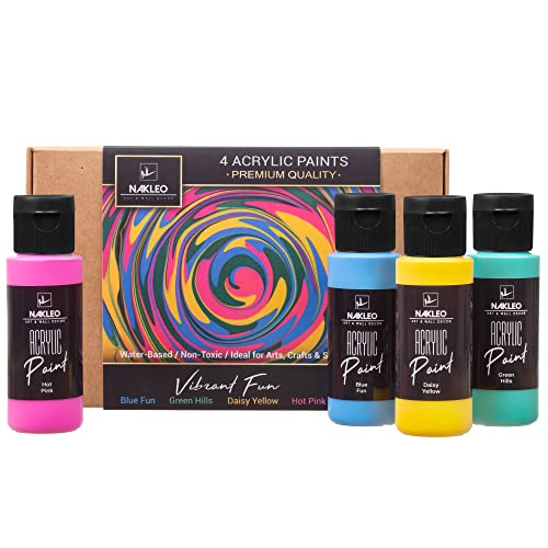 NAKLEO Acrylfarben Set, 4 Farben (60 ml) Vibrant Fun Blau Grün Gelb Rosa, Ungiftig Wasserfest Matt, Künstlerbedarf für Kunst Handwerk DIY, Schablonen Wänd Glas Holz Keramik Stoffe Leder Papier von Nakleo