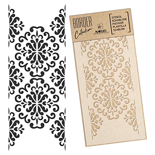 NAKLEO Bordüre Schablone zum Malen 21x45 cm, Damast Ornament Klassisch Muster, Kunstoff Wiederverwendbare Wandchablone, Handwerk DIY Dekoration, Stoff Möbel Holz Papier von Nakleo