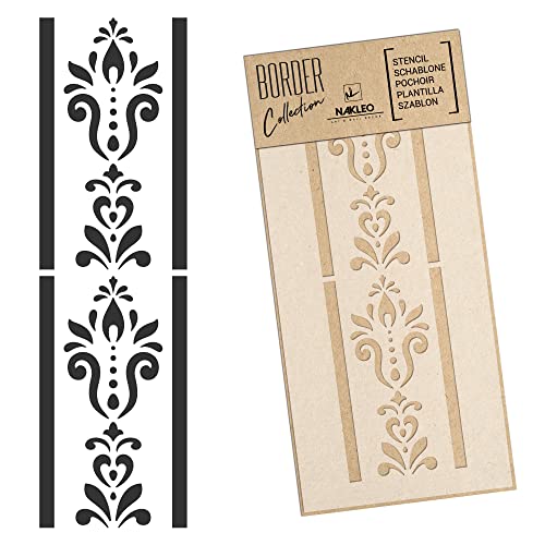NAKLEO Bordüre Schablone zum Malen 21x45 cm, Damast Ornament Klassisch Muster, Kunstoff Wiederverwendbare Wandchablone, Handwerk DIY Dekoration, Stoff Möbel Holz Papier von Nakleo