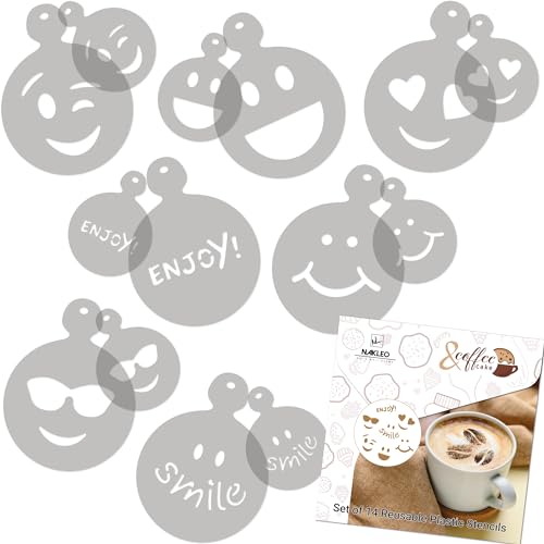NAKLEO Kaffee Schablonen und Kekse Dekoration 14 Stück 7x7 und 11x11cm, Wiederverwendbare Plastik Backen Vorlage, Emotion Smileys Emoticon, DIY Kunst, Cappuccino Latte Schokolade Torten Kuchen NAKLEO Kaffee Schablonen und Kekse Dekoration 14 Stück 7x7 und 11x11cm, Wiederverwendbare Plastik Backen Vorlage, Emotion Smileys Emoticon, DIY Kunst, Cappuccino Latte Schokolade Torten Kuchen von Nakleo