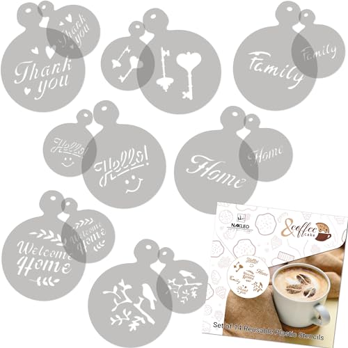 NAKLEO Kaffee Schablonen und Kekse Dekoration 14 Stück 7x7 und 11x11cm, Wiederverwendbare Plastik Backen Vorlage, Familie Willkommen, DIY Kunst, Cappuccino Latte Schokolade Torten Kuchen NAKLEO Kaffee Schablonen und Kekse Dekoration 14 Stück 7x7 und 11x11cm, Wiederverwendbare Plastik Backen Vorlage, Familie Willkommen, DIY Kunst, Cappuccino Latte Schokolade Torten Kuchen von Nakleo