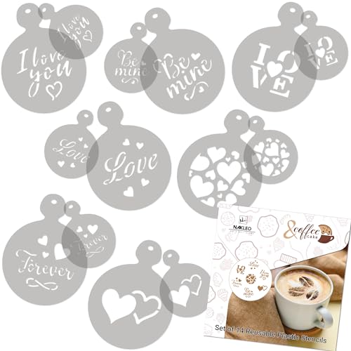 NAKLEO Kaffee Schablonen und Kekse Dekoration 14 Stück 7x7 und 11x11cm, Wiederverwendbare Plastik Backen Vorlage, Liebe Valentinstag, DIY Kunst, Cappuccino Latte Schokolade Torten Kuchen NAKLEO Kaffee Schablonen und Kekse Dekoration 14 Stück 7x7 und 11x11cm, Wiederverwendbare Plastik Backen Vorlage, Liebe Valentinstag, DIY Kunst, Cappuccino Latte Schokolade Torten Kuchen von Nakleo
