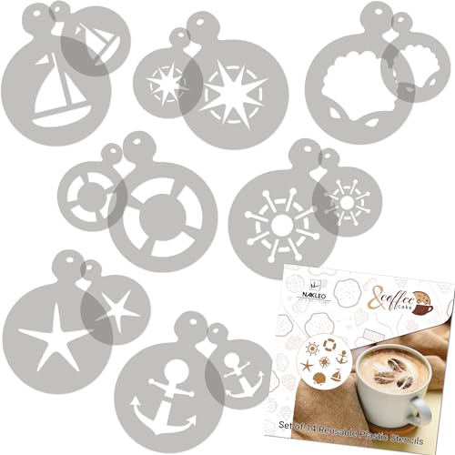 NAKLEO Kaffee Schablonen und Kekse Dekoration 14 Stück 7x7 und 11x11cm, Wiederverwendbare Plastik Backen Vorlage, Meer Schiff Anker, DIY Kunst, Cappuccino Latte Schokolade Torten Kuchen NAKLEO Kaffee Schablonen und Kekse Dekoration 14 Stück 7x7 und 11x11cm, Wiederverwendbare Plastik Backen Vorlage, Meer Schiff Anker, DIY Kunst, Cappuccino Latte Schokolade Torten Kuchen von Nakleo