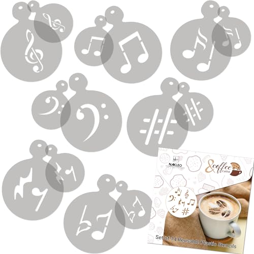 NAKLEO Kaffee Schablonen und Kekse Dekoration 14 Stück 7x7 und 11x11cm, Wiederverwendbare Plastik Backen Vorlage, Noten Musik Melodie, DIY Kunst, Cappuccino Latte Schokolade Torten Kuchen NAKLEO Kaffee Schablonen und Kekse Dekoration 14 Stück 7x7 und 11x11cm, Wiederverwendbare Plastik Backen Vorlage, Noten Musik Melodie, DIY Kunst, Cappuccino Latte Schokolade Torten Kuchen von Nakleo