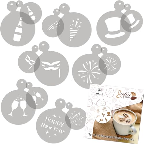 NAKLEO Kaffee Schablonen und Kekse Dekoration 14 Stück 7x7 und 11x11cm, Wiederverwendbare Plastik Backen Vorlage, Silvester, DIY Kunst, Cappuccino Latte Schokolade Torten Kuchen NAKLEO Kaffee Schablonen und Kekse Dekoration 14 Stück 7x7 und 11x11cm, Wiederverwendbare Plastik Backen Vorlage, Silvester, DIY Kunst, Cappuccino Latte Schokolade Torten Kuchen von Nakleo