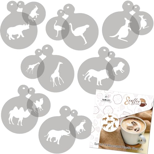 NAKLEO Kaffee Schablonen und Kekse Dekoration 14 Stück 7x7 und 11x11cm, Wiederverwendbare Plastik Backen Vorlage, Tiere Löwe Känguru, DIY Kunst, Cappuccino Latte Schokolade Torten Kuchen NAKLEO Kaffee Schablonen und Kekse Dekoration 14 Stück 7x7 und 11x11cm, Wiederverwendbare Plastik Backen Vorlage, Tiere Löwe Känguru, DIY Kunst, Cappuccino Latte Schokolade Torten Kuchen von Nakleo