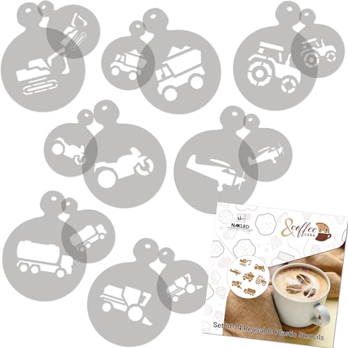 NAKLEO Kaffee Schablonen und Kekse Dekoration 14 Stück 7x7 und 11x11cm, Wiederverwendbare Plastik Backen Vorlage, Transport Traktor Lkw, DIY Kunst, Cappuccino Latte Schokolade Torten Kuchen NAKLEO Kaffee Schablonen und Kekse Dekoration 14 Stück 7x7 und 11x11cm, Wiederverwendbare Plastik Backen Vorlage, Transport Traktor Lkw, DIY Kunst, Cappuccino Latte Schokolade Torten Kuchen von Nakleo