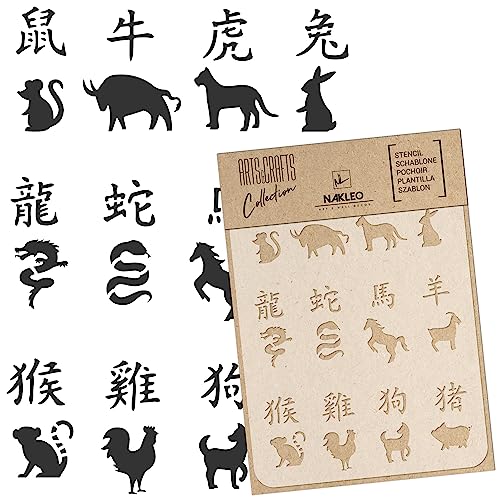 NAKLEO Malschablone für Handwerk A4 21x30cm, Chinesisches Tierkreiszeichen Zeichen Muster, Wiederverwendbare Kunststoff DIY & Scrapbooking Zeichenschablone, Decoupage Kunst Vorlage, Stoff Möbel Holz NAKLEO Malschablone für Handwerk A4 21x30cm, Chinesisches Tierkreiszeichen Zeichen Muster, Wiederverwendbare Kunststoff DIY & Scrapbooking Zeichenschablone, Decoupage Kunst Vorlage, Stoff Möbel Holz von Nakleo