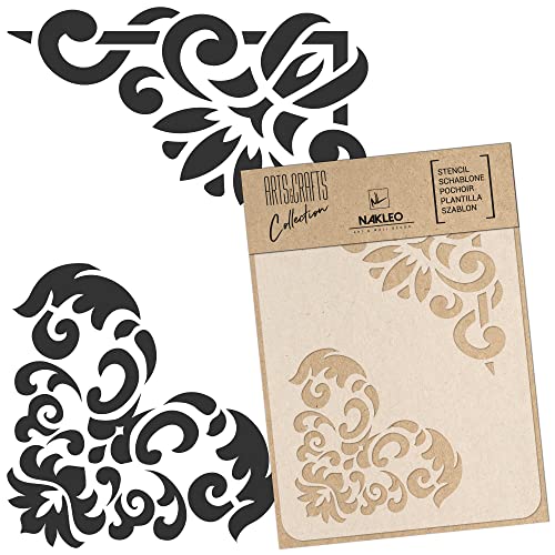 NAKLEO Malschablone für Handwerk A4 21x30cm, Ecken Bordüre Ornament Muster, Wiederverwendbare Kunststoff DIY & Scrapbooking Zeichenschablone, Decoupage Kunst Vorlage, Wand Stoff Möbel Holz von Nakleo