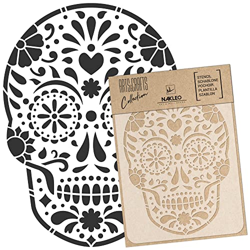 NAKLEO Malschablone für Handwerk A4 21x30cm, Mexikanischer Schädel Allerseelen Muster, Wiederverwendbare Kunststoff DIY & Scrapbooking Zeichenschablone, Decoupage Kunst Vorlage, Stoff Möbel Holz von Nakleo