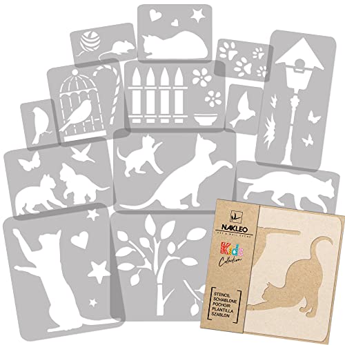 NAKLEO Schablonen Malen für Kinder, 14 Stück Set 9x12 bis 23x34cm Katzen Tiere, Wiederverwendbare Kunstoff Kinderzimmer Malvorlage Raumdekoration, Basteln DIY Wand Möbel Papier von Nakleo
