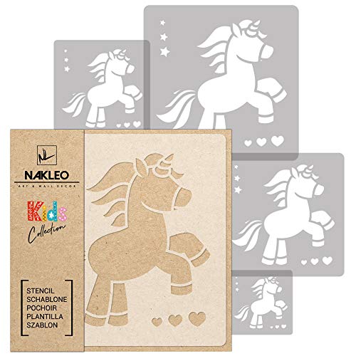 NAKLEO Schablonen Malen für Kinder, 5 Stück Set 9x9 bis 34x34cm Einhorn Märchenhafte Magie, Wiederverwendbare Kunstoff Kinderzimmer Malvorlage Raumdekoration, Basteln DIY Wand Möbel Papier von Nakleo