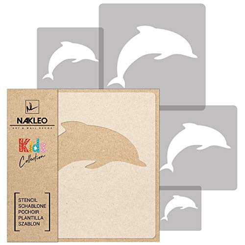 NAKLEO Schablonen Malen für Kinderzimmer, 5 Stück Set 9x9 bis 34x34cm Delphin Ozean Tier, Wiederverwendbare Kunststoff Malvorlage Raumdekoration, Basteln DIY Wand Möbel Papier Stoff von Nakleo