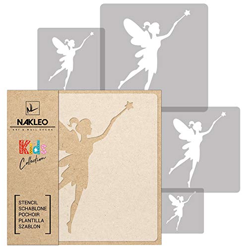 NAKLEO Schablonen Malen für Kinder, 5 Stück Set 9x9 bis 34x34cm Fee Magie Elfe, Wiederverwendbare Kunststoff für Kinderzimmer Malvorlage Raumdekoration, Basteln DIY Wand Möbel Papier von Nakleo