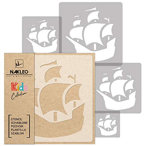 NAKLEO Schablonen Malen für Kinderzimmer, 5 Stück Set 9x9 bis 34x34cm Schiff Pirat Korsar, Wiederverwendbare Kunststoff Malvorlage Raumdekoration, Basteln DIY Wand Möbel Papier Stoff von Nakleo