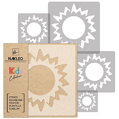 NAKLEO Schablonen Malen für Kinder, 5 Stück Set 9x9 bis 34x34cm Sonne Himmel Stern, Wiederverwendbare Kunststoff für Kinderzimmer Malvorlage Raumdekoration, Basteln DIY Wand Möbel Papier von Nakleo