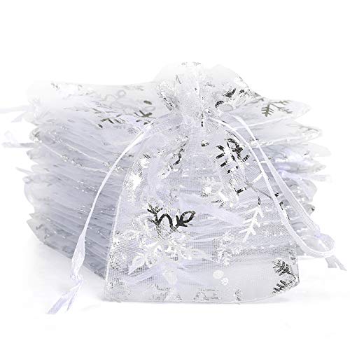 Naler 120 x Organzasäckchen Schneeflocken Weiß Säckchen mit Aufdruck Winterlich Organza Beutel Geschenkbeutel für Verpackung Weihnachten - 7 x 9 cm von Naler