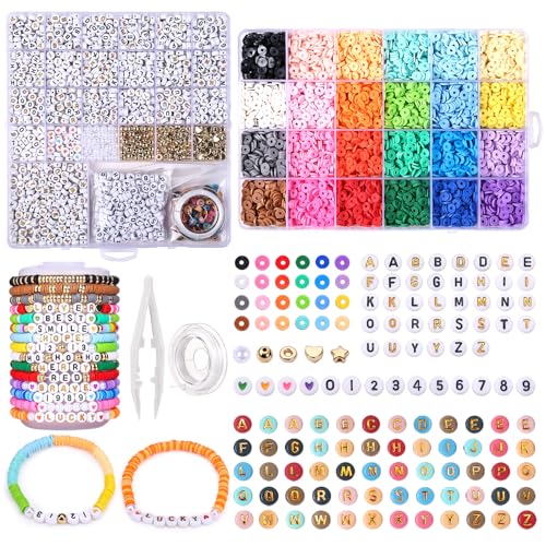 Naler 24 Farben Clay Perlen, 6457 Stück Perlen zum Auffädeln 6mm Polymer Clay Beads Set mit Buchstaben Set Schmuckherstellung Kit für Halsketten-Ohrring DIY Handwerk von Naler