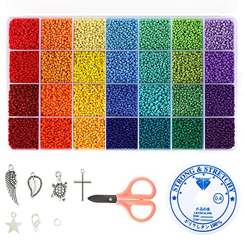 Naler 28000-teilig Rocailles Perlen 2 mm Glasperlen Rund Beads mit Charms Anhängern und Schmuckfaden zum Basteln, 28 Farben von Naler