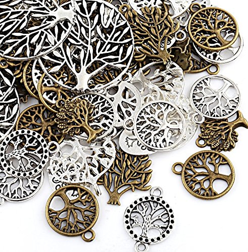 Naler 80 Stück Charms Anhänger Lebensbaum Retro Antik Silbern Bronze Mischung für Schmuck Basteln von Naler