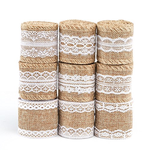 Naler Spitzenband Vintage Juteband Leinwand Band mit Weißer Spitze Natürlich Dekoration für Geburtstag Hochzeit Party (9 Rollen x 200cm) von Naler