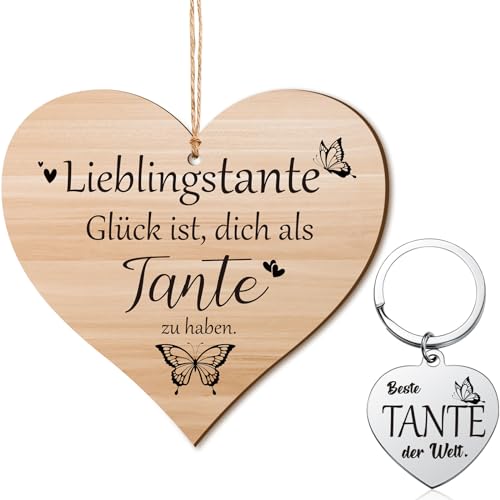 Namalu 3 Stück Beste Tante Geschenke Set, Herz Tante Holzschild Deko mit Organzasäckchen und Herz Tante Schlüsselanhänger Beste Tante der Welt Geschenke zu Weihnachten Geburtstag Erntedankfest von Namalu