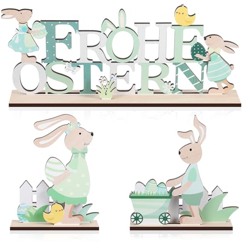 Namalu 3 Stück Deko Aufsteller für Ostern Frohe Ostern Osterdekoration Aufsteller mit Schriftzug und Osterhase Ostereier Blumen Holz Hase Figuren für Osterdeko Tischdeko Frühling(Grün) von Namalu
