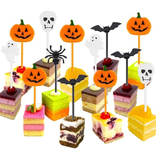 Namalu 50 Piezas Halloween Cupcake Toppers Kunststoff Toppers Kürbis Fledermaus Schädel Geister Frucht Picks Cocktail Picks Tortendeko Zahnstocher für Spieße Snacks Geburtstag Partyartikel von Namalu