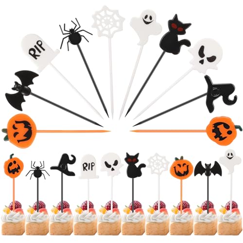Namalu 50 Piezas Halloween Cupcake Toppers Kunststoff Toppers Kürbis Fledermaus Schädel Geister Katze Hut Frucht Picks Cocktail Picks Tortendeko Zahnstocher für Spieße Snacks Geburtstag Partyartikel von Namalu