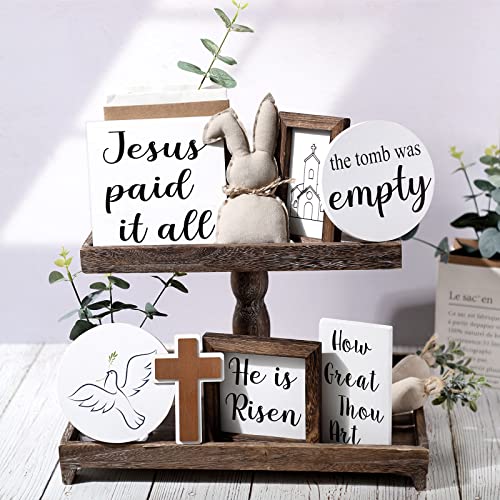 Namalu 8 Stück Christliche Ostern Tischdeko Bauernhof Religiöse Ostern Ornamente für Tablette Etagere He is Risen Holzschilder Hase Tischdeko für Rustikal Wohnung Küche Tisch Kaffeebar Deko von Namalu