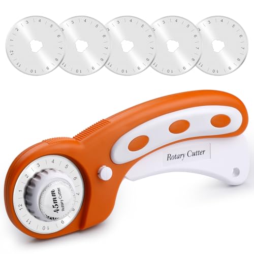 Namner Rollschneider 45mm mit 5 Ersatzklingen und Sicherheitsverschluss, Stoffschneider für Stoff, Leder, Nähen, Quilten & Basteln, Ergonomischer Rollmesser Cutter (Orange) von Namner