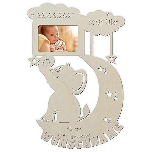 Holz Bilderrahmen Elefant auf Mond I Personalisiertes Baby-Geschenk zur Geburt I Für Neugeborene Jungs und Mädchen von Namofactur