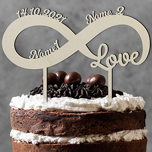 Personalisierte Holz Tortendeko Tortenfigur Unendlichzeichen mit Namen und Gestell als Kuchendeko zum Geburtstag Hochzeit Verlobung Individuelle Deko Cake Topper von Namofactur