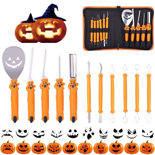 Namouk Kürbis Schnitzset mit Vorlagen, 11 Stück Halloween Kürbis Schnitzmesser mit Tragetasche, DIY Kürbis Deko Halloween Dekoration von Namouk