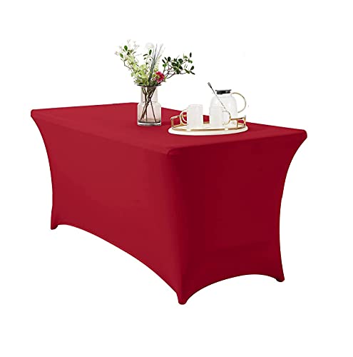 Namvo Stretch Tischdecke, 6ft rechteckige Spandex Esstischdecke Vierfach eng anliegende elastische Stretch Tischdecke Tischplatte Protector für Hochzeitsbar Bankett Party (Red) von Namvo