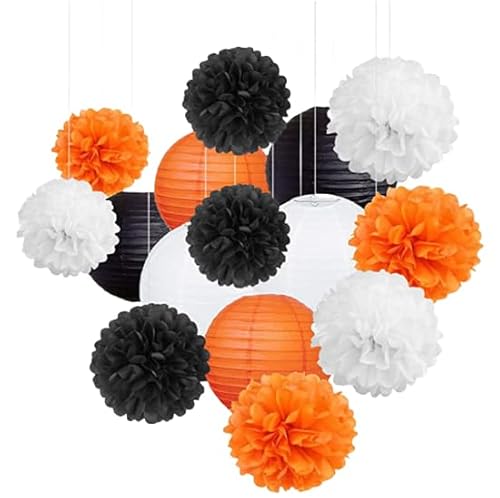 Namzi 30 Stück Papierlaternen, Blumenkugel-Kombinationsset, hängende runde Papierlaternen, Dekoration für Party, Hochzeit, Geburtstag, Heimdekoration, Schwarz, Orange, Weiß, Serie Namzi 30 Stück Papierlaternen, Blumenkugel-Kombinationsset, hängende runde Papierlaternen, Dekoration für Party, Hochzeit, Geburtstag, Heimdekoration, Schwarz, Orange, Weiß, Serie von Namzi