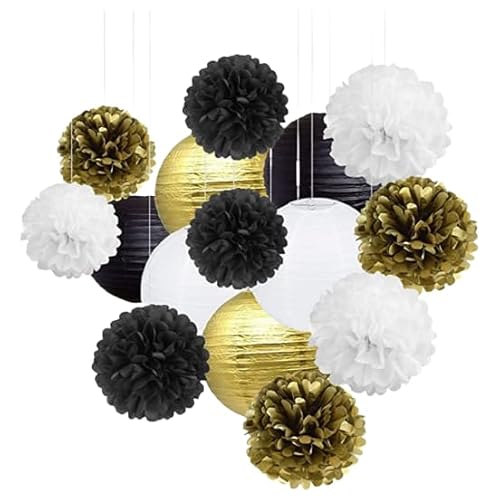 Namzi 30 Stück Papierlaternen, Blumenkugel-Kombinationsset, hängende runde Papierlaternen, Dekoration für Party, Hochzeit, Geburtstag, Heimdekoration, Schwarz und Weiß Gold Serie Namzi 30 Stück Papierlaternen, Blumenkugel-Kombinationsset, hängende runde Papierlaternen, Dekoration für Party, Hochzeit, Geburtstag, Heimdekoration, Schwarz und Weiß Gold Serie von Namzi