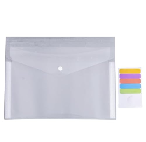 Namzi 5 transparente Dokumentenmappen, Kunststoff-Umschläge, Poly-Umschläge, Aktenumschläge mit Etikettentasche und Druckknopf, für Zuhause, Arbeit, Büro, Organisation, Briefgröße/A4-Größe, Weiß von Namzi