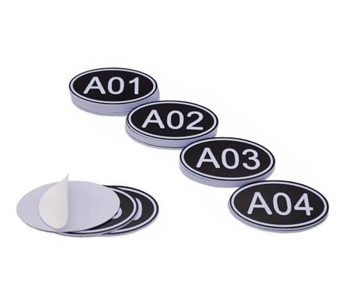 NanTun 100 Stück schwarze ovale Schließfach-Etiketten, Tischnummern – 30 mm x 50 mm, ABS-Kunststoff, gravierte Zahlen – A01 bis A100 von NanTun