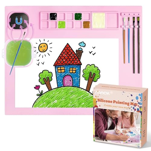 Silikon-Malmatte, Kunstmatte mit Tasse, Bastelpinsel-Reinigungswerkzeug, Künstler für Kinder, Geschenk, Ton, DIY-Kreationen, Weihnachtsgeschenkbox (Rosa) von NancyL