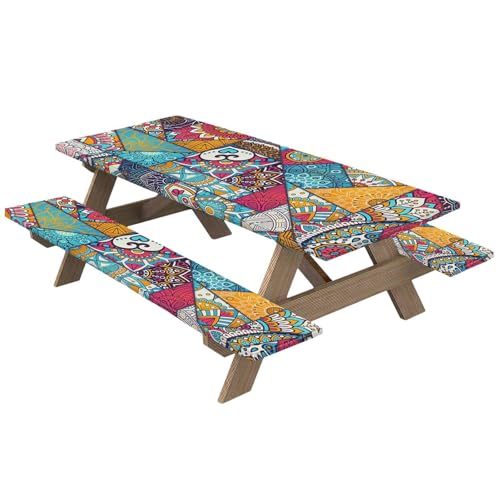 Picknicktisch Set mit Bankbezug, Picknicktischhussen mit Gummizug | Outdoor Tischdecke elastisch 3-teilig für Camping | wasserdichte Picknickdecke Team von Naqqios