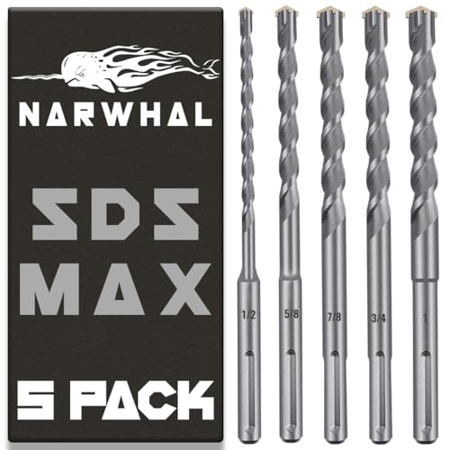 SDS Max Steinbohrer-Set (Hartmetallbestückt, 5-teiliges Set) 33 cm Länge in den folgenden Größen: 1/2 Zoll, 5/8 Zoll, 3/4 Zoll, 7/8 Zoll und 1 Zoll von Narwhal