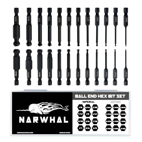 Sechskant-Bit-Set mit Kugelkopf (24 Stück, metrische und SAE-Größen, magnetisch bestückt) – gehärtete CR-MO-Stahl-Sechskant-Bits – perfekter Ersatz für Kugelkopfschlüssel und Sechskantschlüssel von Narwhal