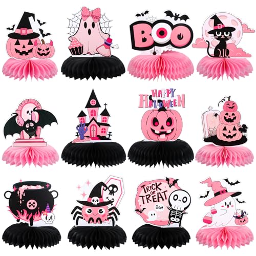 12 x Halloween-Tischdekorationen, rosa und schwarz, Halloween-Tafelaufsätze für Tische, niedlicher Geist, Wabendekoration, Wabendekoration für Halloween, Party, Babyparty, Mädchen, Geburtstagszubehör von NatNarr