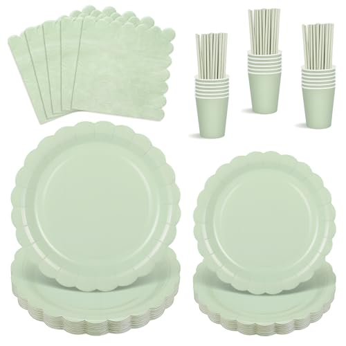 NatNarr 125 StüCk Salbeigrün Pappteller und Becher Set für 25 Gäste, Gewellte HellSalbeigrün Partygeschirr Set enthält Servietten, Pappbecher und Papierstrohhalme für Geburtstag, Hochzeiten von NatNarr