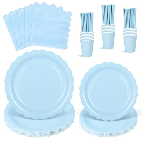 NatNarr 125 StüCk Partygeschirr Set für 25 Gäste, Partygeschirr Blau inklusive Geburtstag Teller Set, Becher, Servietten und Papierstrohhalme für Geburtstag Hochzeiten Babypartys von NatNarr